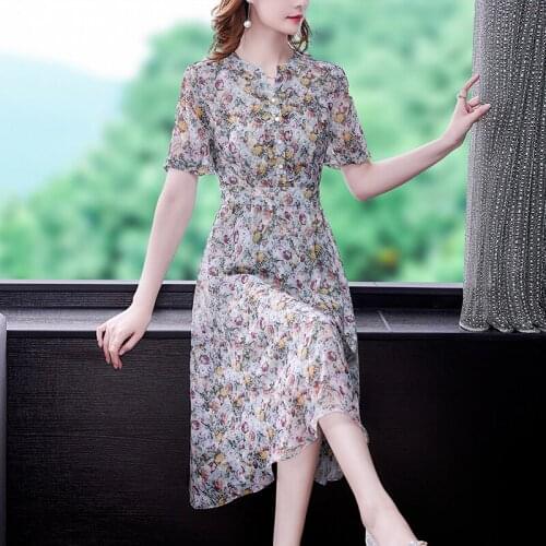 Summer 2021 New Floral Chiffon Fashion Comfortable and Elegant Party Travel Lace V-neck Short-sleeved Dress Dress for Women