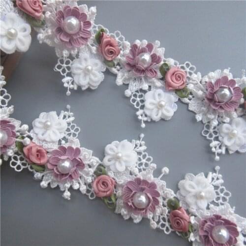 1yard White Pearl Rose Flower Embroidered Lace Trim Ribbon Fabric Sewing Supplies Craft DIY For Costume Dress Hat Decoration