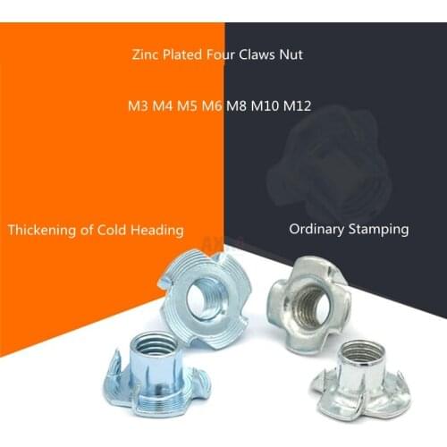 5/10/50PCS M3 M4 M5 M6 M8 M10 M12 Zinc Plated Four Claws Nut Speaker Nut T-nut Blind Pronged Tee Nut for Wood Furniture Hardware