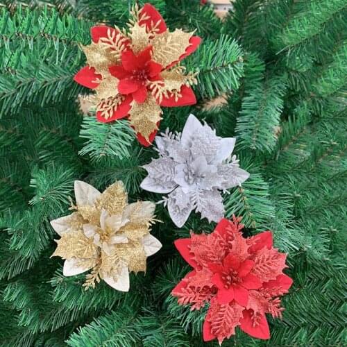 5pcs 13cm Artificial Flowers Glitter Fake Flowers Christmas Tree Ornaments DIY Home Merry Christmas Wedding Party Decoration