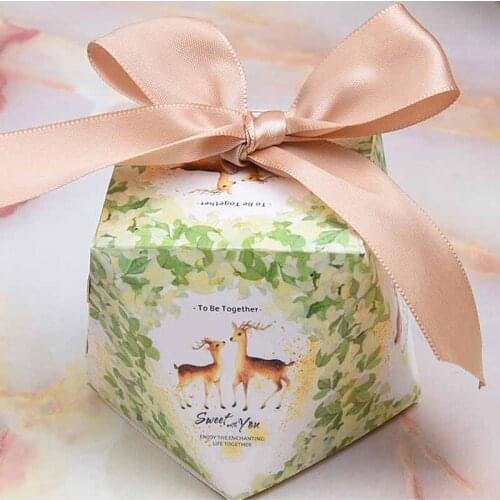 50box+50ribbon New Style Sika deer pattern diamond candy box wedding candy box forest fresh series candy gift box Party Supplies