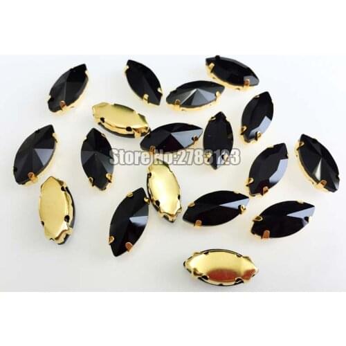 Free shipping Gold bottom balck horse eye shape Glass Crystal sew on claw rhinestones with holes Sewing On Garment