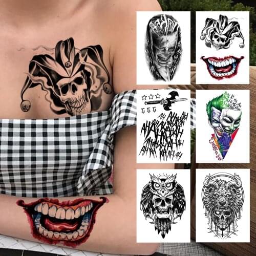 Big Mouth Skeleton Temporary Tattoos For Women Men Child Boys Halloween Fake Clown Tattoo Sticker Owl Skull Demon Tatoo Body Arm