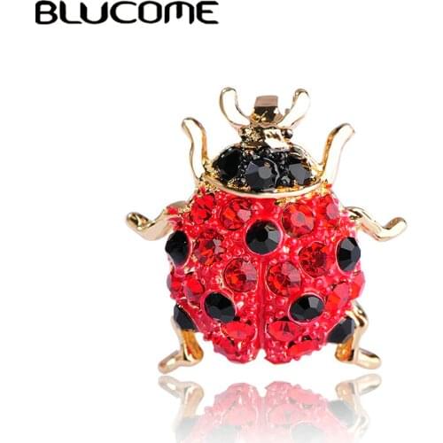 Blucome Small Full Red Crystals Ladybug Brooches For Kids Girls Shirt Gold-color Insect Beetles Brooch Scarf Corsage Accessories