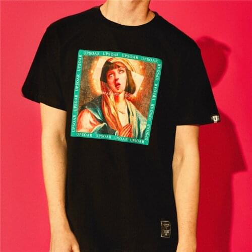 April MOMO 2021 Funny Virgin Mary Printed Short Sleeve T Shirt Mens T-Shirts Summer Man Hip Hop Casual Cotton Streetwear