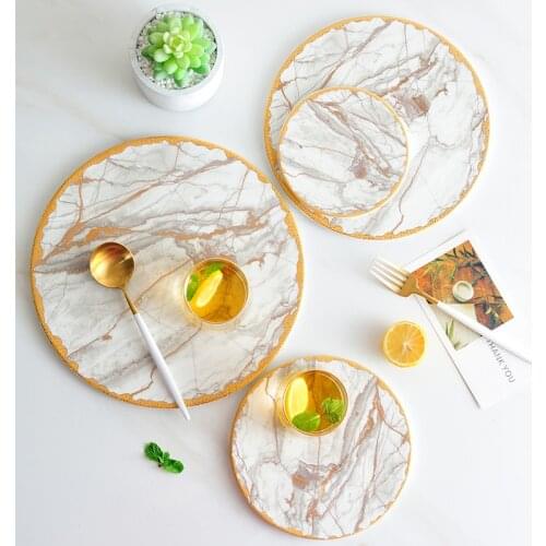 Marble Texture Ceramic Plates Creativity Gold Inlay Round Dinner Plate Service Tray Coaster European Modern Kitchen Tableware
