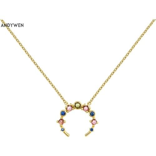 ANDYWEN 925 Sterling Silver Gold Moon Rainbow Pendant Choker Long Chain Necklace Choker Women Luxury Jewelry For Wedding