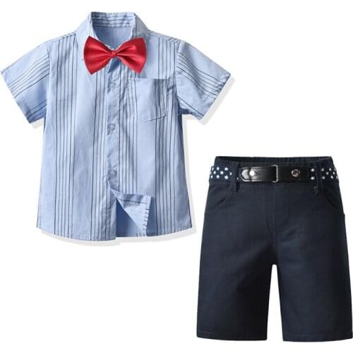 Summer Kids Boy Formal Suit Bow Tie Short Sleeve Shirt + Belt shorts 3Pcs Sets Baby Boy Clothes Childrens Gentleman Casual Suit