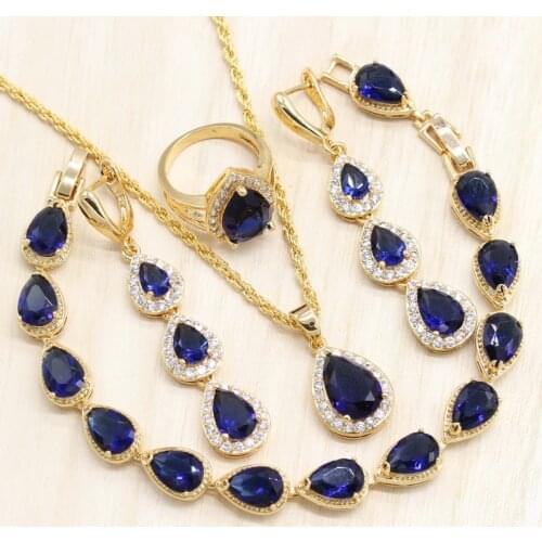 Gold Color Jewelry Sets Blue Red Green Cubic Zirconia Long Water Drop Earrings Pendant Necklace Ring Bracelet for women
