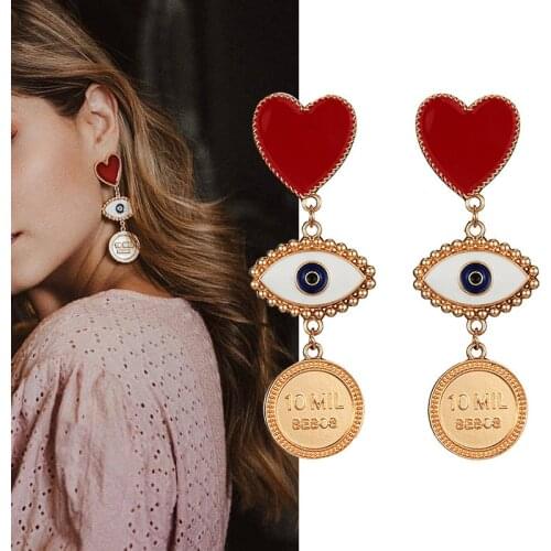 Korea Fashion Heart Earrings Red Heart Evil Eye Coin Drop Earring For Women Ladys Chic Vintage Exaggerate Statement Gold Earrin