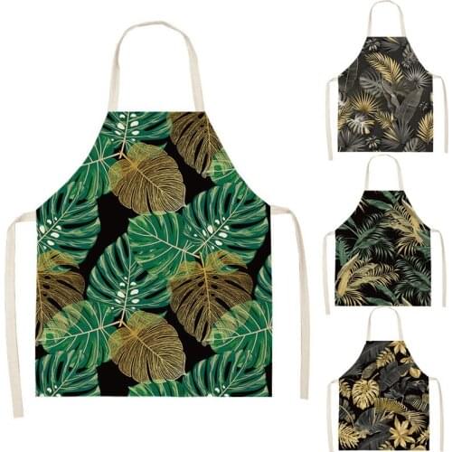 Golden Leaves Kitchen Aprons for Women Black Cotton Linen Bibs Household Cleaning Pinafore Home Cooking Apron 66x47cm