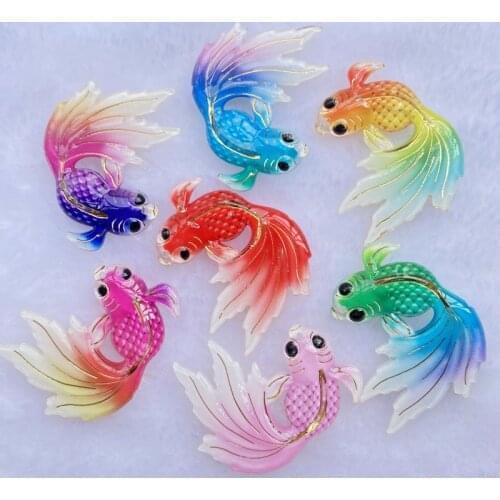 10Pcs New Acrylic Cute Goldfish With A Hole Flat Back Cabochon Scrapbooking Hair Bow Center Embellishments DIY Accessories F70