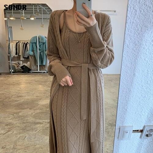 Korean Fashion Ladies Sweater Suit 2021 Autumn Winter Solid Color Long Cardigan Sweater + Knitted Suspender Dress Two-Piece Suit