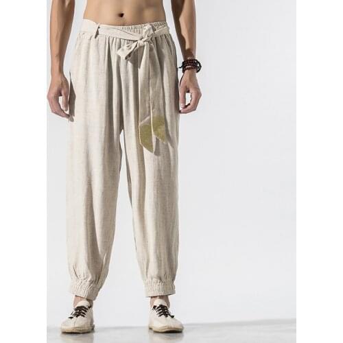 2020Mens Linen Harem Pants Men Casual Drawstring Elastic Waist Trousers Male Solid Cotton Ankle-Length Pants Pantalones M-5XL