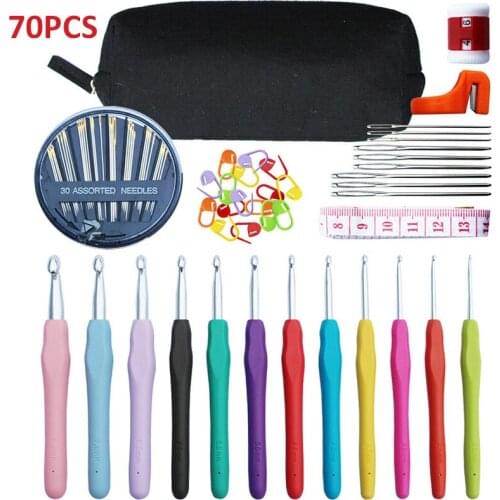 New 70pcs Ergonomic Grip Crochet Hooks + Bag Kit Knitting Needle Sewing Crochet Hand-Stitched Knitting Tools