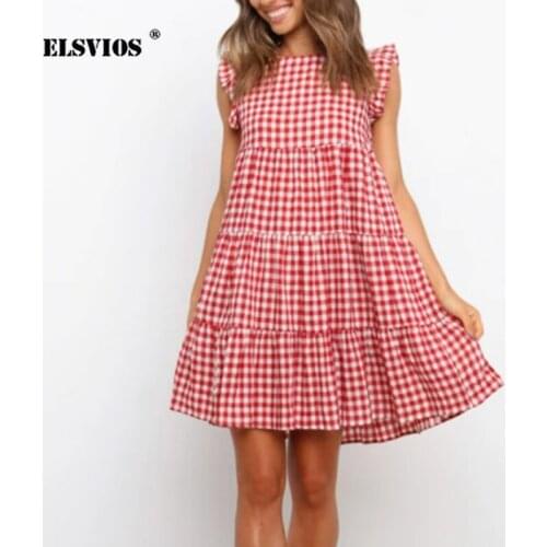 Summer Ruffle Loose Casual A-line Dress Off Shoulder O Neck Flying Sleeves Dress Elegant Plaid Printed Lady Stitching Dresses XL