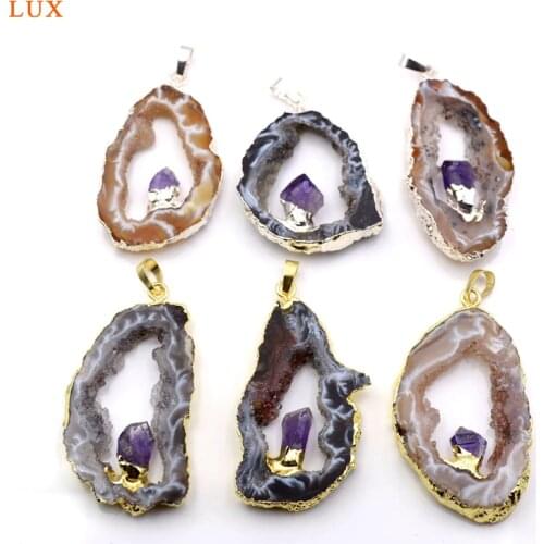 Natural Raw Amethysts Geode Agates Druzy geode Slice Pendants Gold Electroplated jewelry charm for necklace making