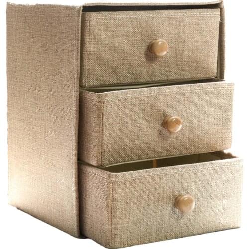 Modern Bamboo spline waterproof fabric storage box 3 drawers Cosmetic make up storage