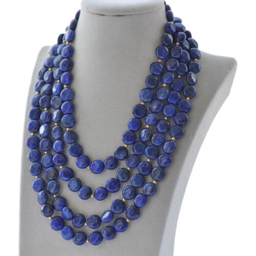 Z10076 Natural 4Row 19" 12mm Blue lapis lazuli Coin Necklace CZ
