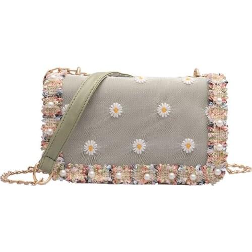 Ladies Flower Embroidery Shoulder Bag Chain Shoulder Strap Faux Pearl Messenger Bag Sweet Style Square Crossbody Bag