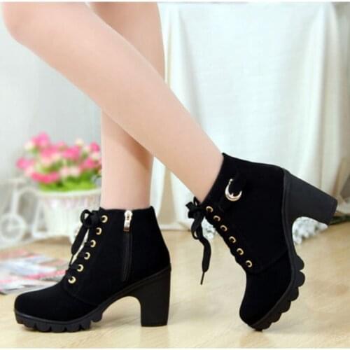 GAOKE Plus Size Ankle Boots Women Platform High Heels Womens Boots Buckle Shoes Thick Heel Short Boot Ladies Drop Shipping