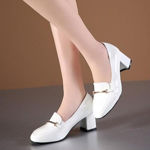 2020 Spring Fashion High Heels Women Thick Heel Loafers Shoes Patent Leather Square Toe Dress Office Shoes Ladies Big Size 33-43