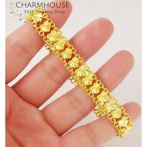 Charmhouse Pure Gold Color Bracelets For Women 10mm Hearts Link Chain Bracelet & Bangle Pulseira Femme Wristband Jewelry Bijoux