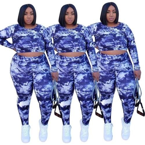 Autumn Womens Outfit Round Collar Back Hollow Out Tie Dye Sexy Tight Streetwear Plus Size Two Piece Suit Wholesale Dropshipping