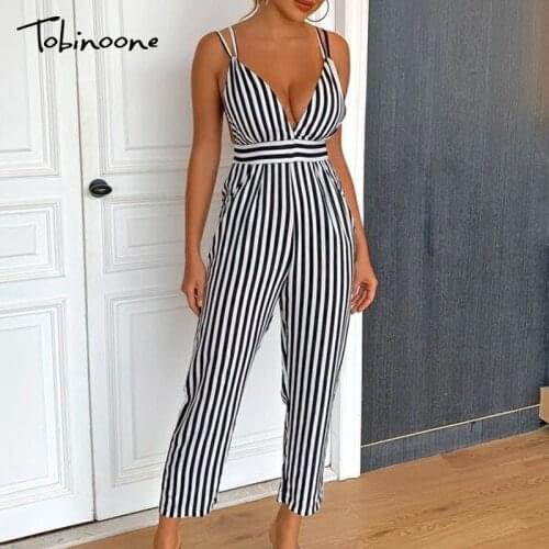 Tobinoone Deep V Neck Striped Sexy Jumpsuit Women Spaghetti Strap Backless Casual Jumpsuit Summer High Waist Sleeveless Playsuit