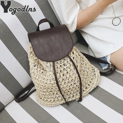 Women Backpack Drawstring Female Fashion Straw Bag Summer Beach Hollow Lady Weave Pack Bag Large Capacity Travel Shoulder Tote