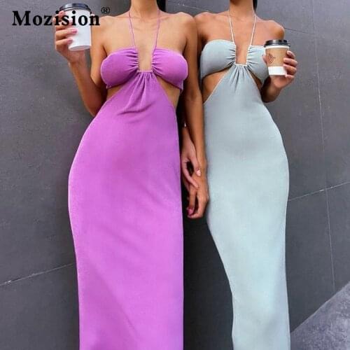 Mozision Sexy Halter Hollow Out Midi Dress For Women Clothing Autumn Purple Backless Bodycon Long Ruched Dresses Fashion