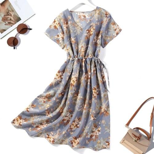 Womens 100% Natural Mulberry Silk V neck short sleeve belted waist Blue Floral Printed Long Dress L XL JN832