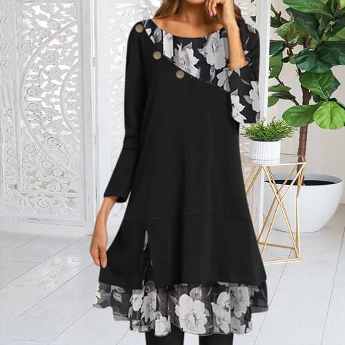 Womens Dresses Fashion Chiffon Printed Patchwork Long Sleeve Loose Mini Dress Plus Size Casual Dress Long T-shirt Dress Vestido