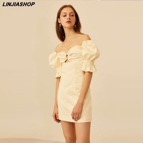 Vintage Summer Dress Women Beige Sexy Lining Hollow Out Square Neck Slimming Puff Sleeve Mini Dress Bloggers New Arrivals 2019