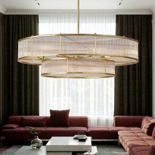 Living Room American RH Metal Round Circle Led Pendant Lamp Lustre Glass Tubes Pendant Light Luxury Rod Hanging Lamp Lighting