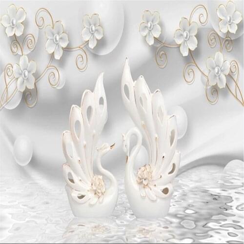Photo 3D white jewelry flowers swan wallpapers stereo background wall modern wallpaper for living room
