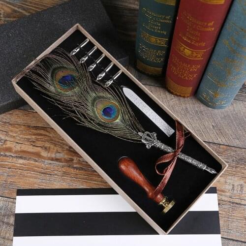 Personality DIY Birthday Gift Peacock Feather Pen Retro Wedding Signature Pen Set Dip Water Pen Set ,Seal, Fire Paint 5 Nibs