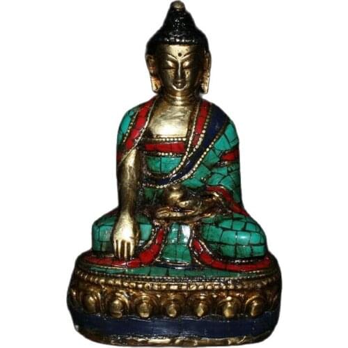 Chinese Old Tibetan Craft Green Pine Inlaid Pure Copper Buddha Statue Home Accessories Desk Decoration Collection Ornaments