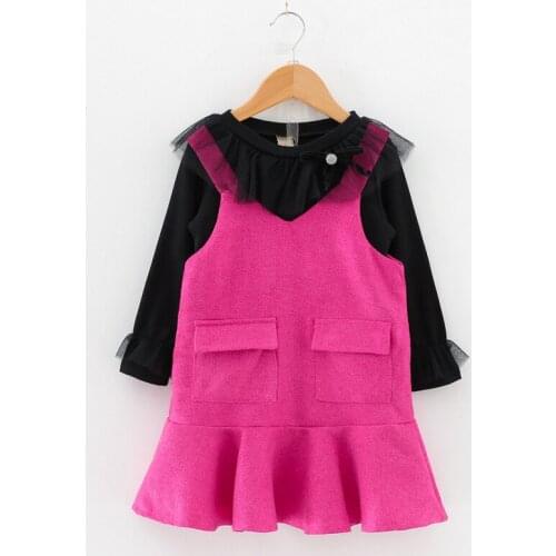 Hot sale 2019 children girls spring fashion long sleeve black T-shirt + Rose red Dress clothing set 3-8 years
