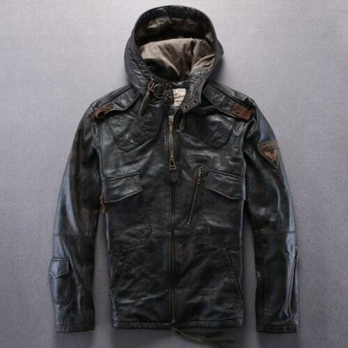 Fly hooded leather green sheepskin flight black casual pilot jacket autumn outerwear men yellow brown