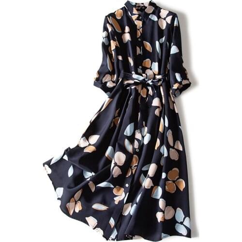 Summer Spring Vintage 100% Real Silk Dress Women Clothes 2020 Korean Print Long Belt Dresses Elegant Ladies Office Vestidos 0869