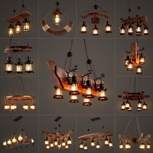 Solid Wood lustre Vintage Chandelier Lighting lustre suspension Coffee Bedroom Lighting Iron+Wooden Lamp for loft decor