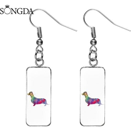 Fashion Colored Dog Pattern Rectangular Drop Earrings Minimalist Style Stainless Steel Glass Cabochon Dangle Earrings for Women