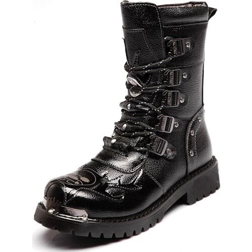 Men Punk Gothic Biker Combat Military boots Army Mid calf Boots Motocycle Shoes