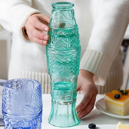 Creative 4Pcs/Set Fish Glass Cup Set Crystal Gray Blue Good Luck Carp Cups Milk Juice Water Coffee Mug Home Drinkware Gifts