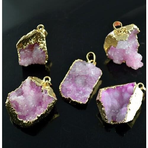 Pink Color Quartz Druzy Geode Stone Pendant Gold Color Crystal Drusy Gems Pendant 5pc/lot