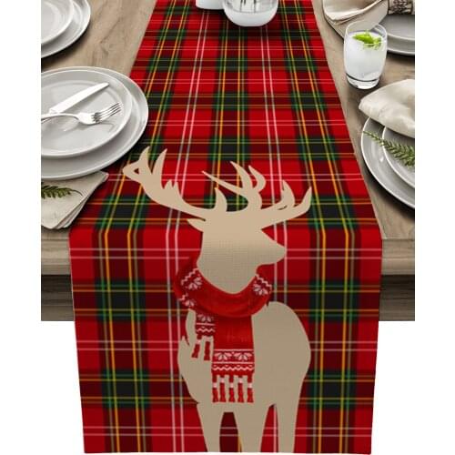 Christmas Plaid Texture Elk Table Runner Wedding Decor Table Cover Christmas Decoration Holiday Party Tablecloth