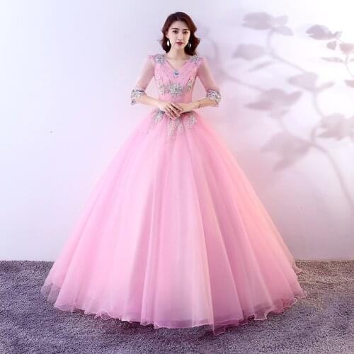 Pink Party Dress 2021 V-neck Ball Gown Luxury Three Quarter Sleeve Prom Dress Classic Quinceanera Dress Plus Size