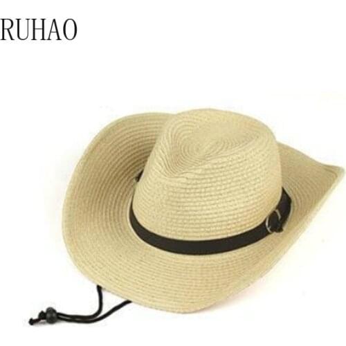 RUHAO Mens summer caps Straw wide brim Beach hat Cowboy Hat Collapsible Sun Hat Boy Buckle Straps Strawhat boater Cap