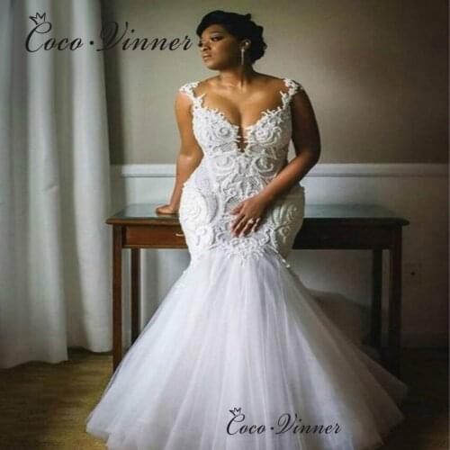 Sexy Illusion V neck Lace Appliques Wedding Gown Africa Stylish Plus Size Mermaid Wedding Dress Custom 2021 Bride Dresses W0711